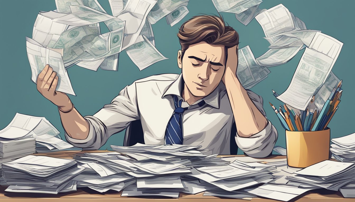 A person sitting at a desk with bills and financial documents spread out, looking stressed and overwhelmed