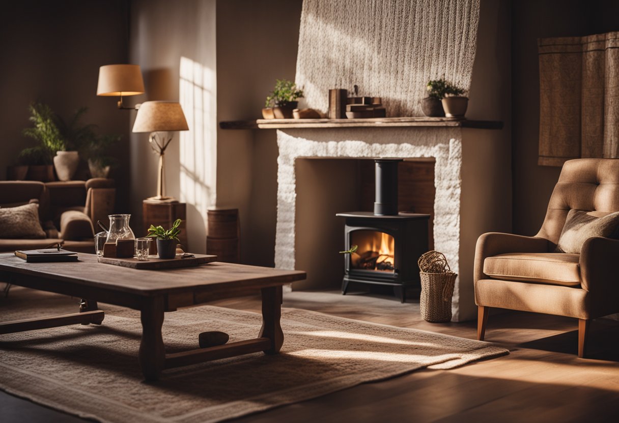 A cozy fireplace illuminates a room with exposed wooden beams, vintage furniture, and earthy color palette. Sunlight streams through lace curtains, casting a warm glow on the worn, patterned rugs