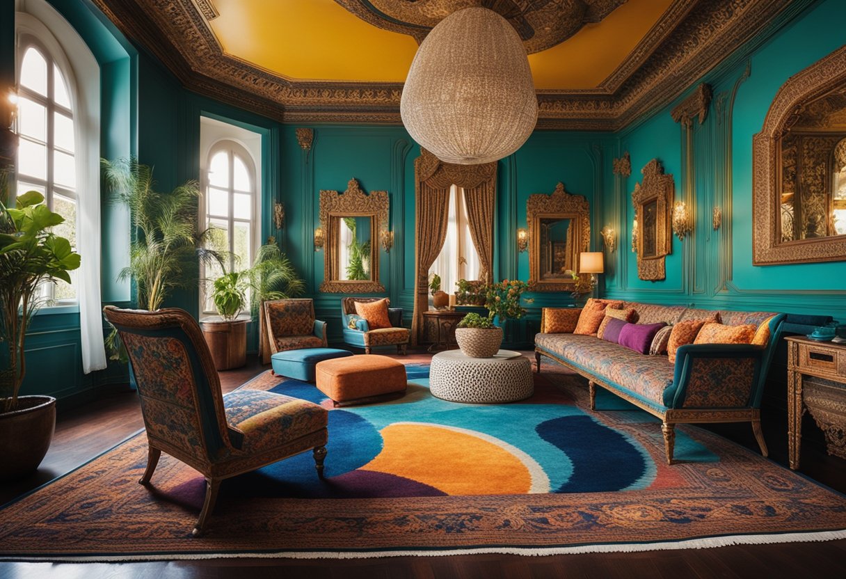 Vibrant colors, intricate patterns, and ornate furniture fill the room, with low-seated cushions and a large, ornamental rug completing the look