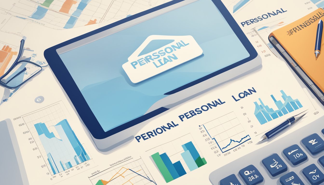 A bank logo stands out against a backdrop of financial graphs and charts, with the words "Personal Loan Interest" prominently displayed