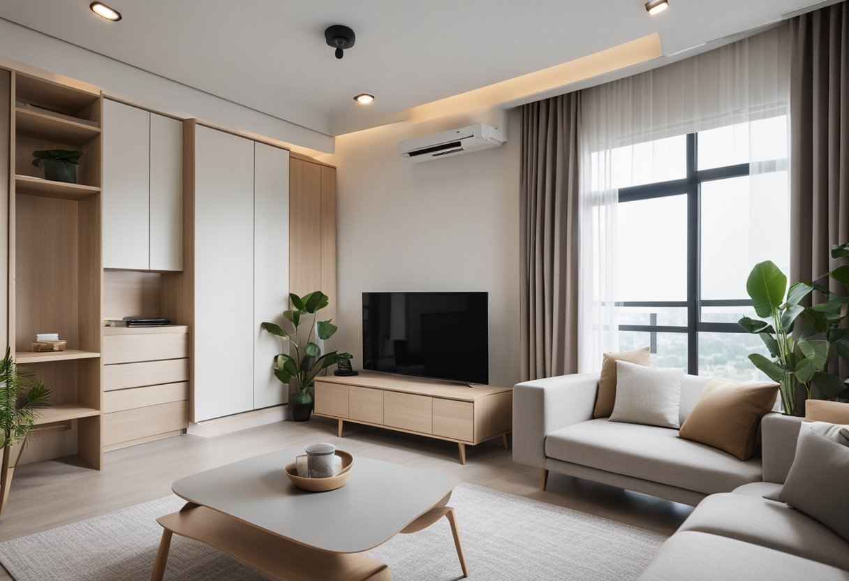 A modern, minimalist HDB BTO interior with sleek furniture, neutral color palette, and ample natural light