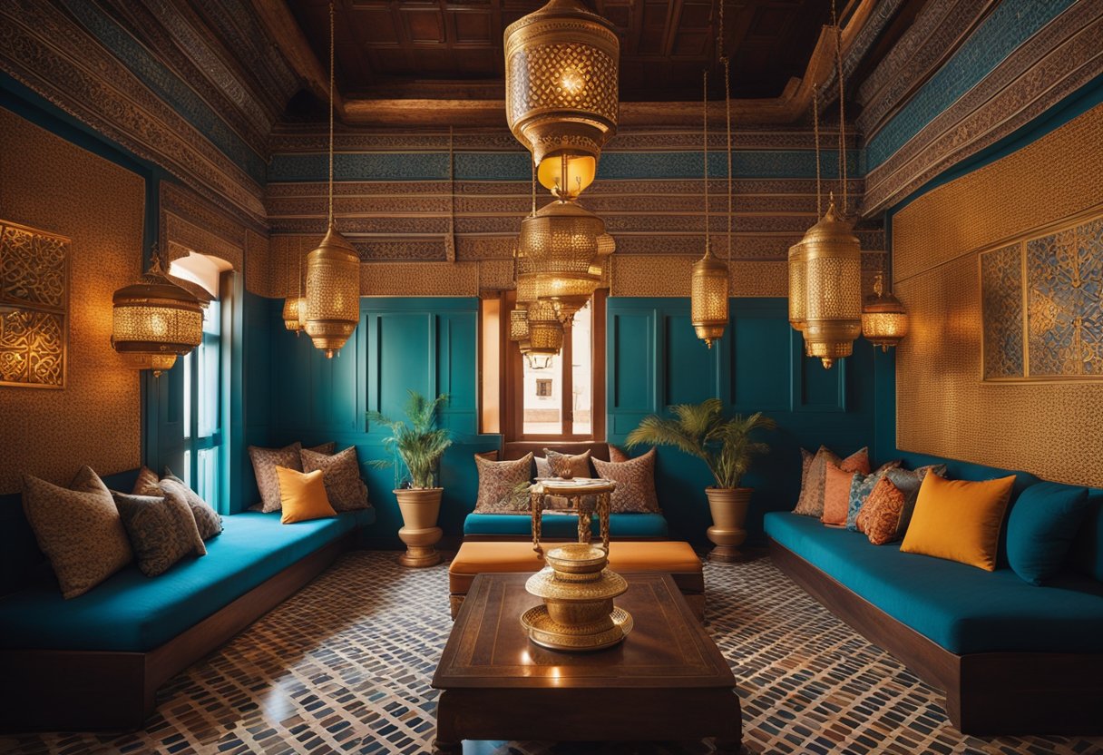 A vibrant Marrakech-style interior with colorful patterned tiles, intricate carved wood furniture, and ornate brass lanterns hanging from the ceiling