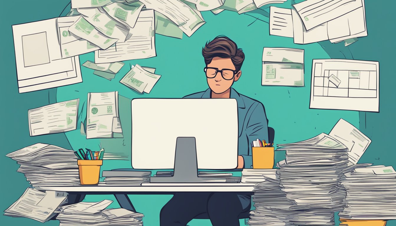 A person sitting at a desk, surrounded by bills and financial documents, looking stressed and overwhelmed. A thought bubble with the words "need personal loan" above their head