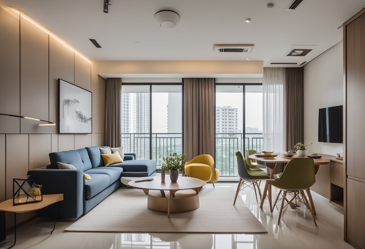 A modern HDB BTO interior design with clean lines, minimalist furniture, and pops of color. Open concept layout with natural light streaming in through large windows