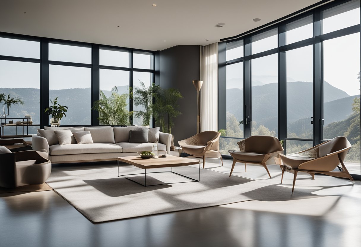 A modern, minimalist interior with clean lines and neutral colors. Large windows let in natural light, illuminating the sleek furniture and unique decor