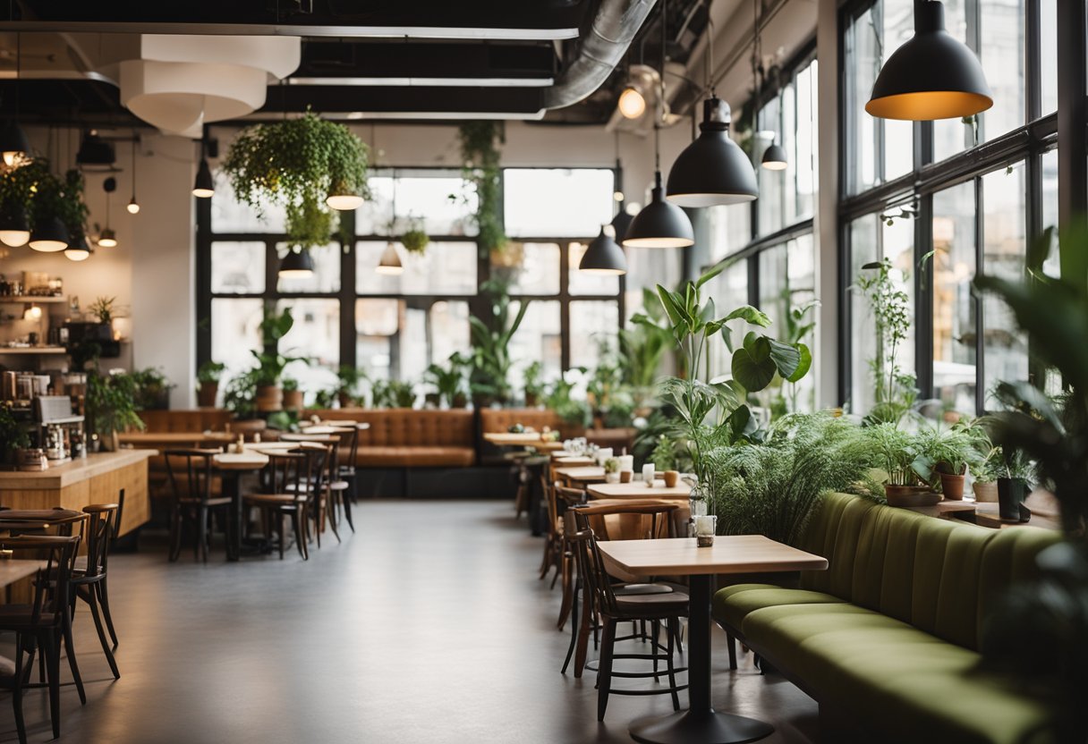 The cafe interior features cozy seating, warm lighting, and a mix of modern and vintage decor. A large window lets in natural light, and green plants add a touch of freshness to the space