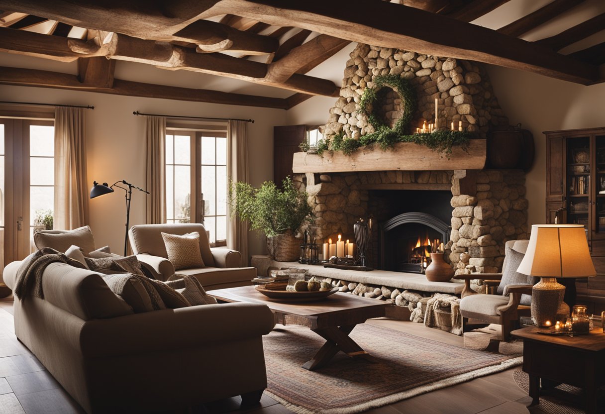 A cozy living room with a stone fireplace, exposed wooden beams, and soft, earthy tones. A large, plush sofa sits in front of the fire, with a vintage rug and a collection of antique decor