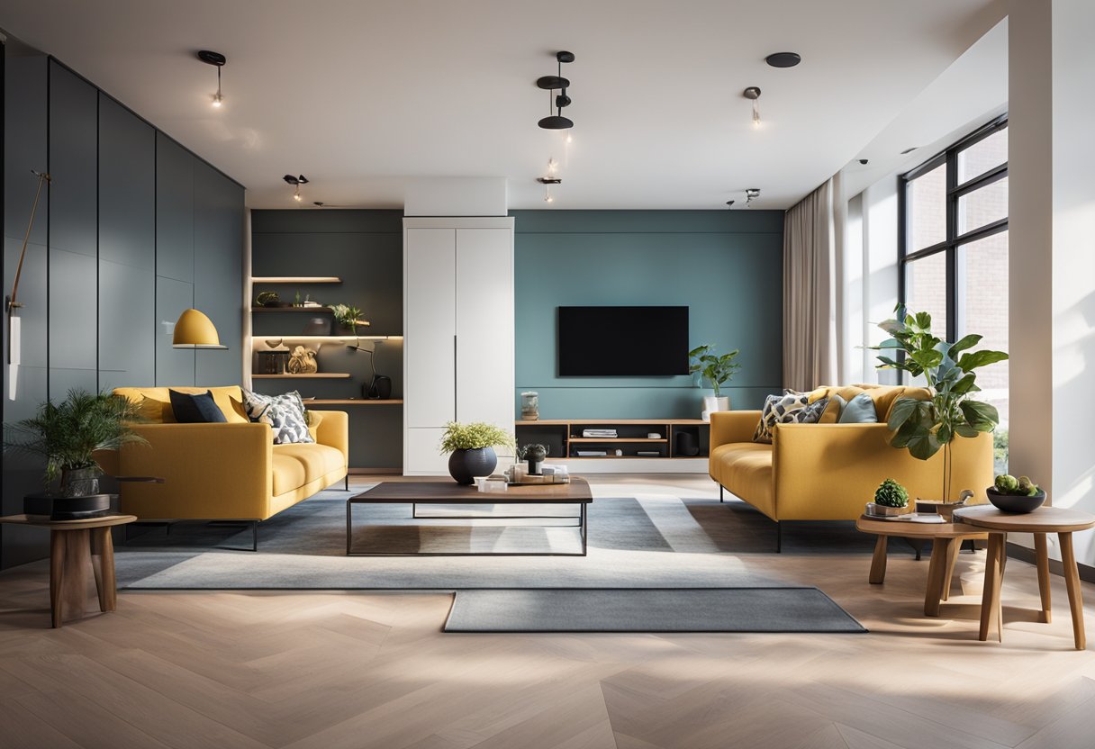 A modern living room with sleek furniture, vibrant accent colors, and innovative storage solutions. The space is bright, airy, and inviting, with a seamless blend of functionality and style