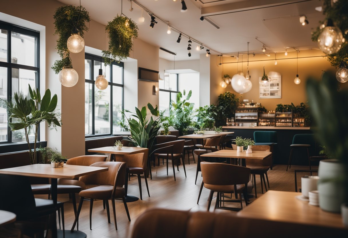 A cozy cafe with warm lighting, comfortable seating, and a variety of plants. The walls are adorned with abstract art, and there is a large communal table in the center