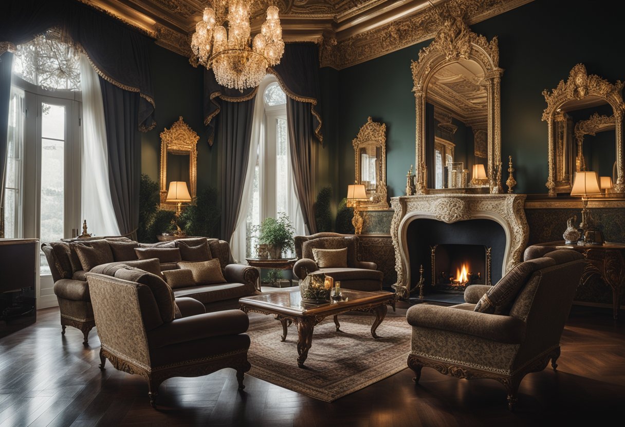 A grand Victorian parlor with ornate furniture, rich fabrics, and intricate wallpaper. A fireplace is the focal point, adorned with elaborate mantel decor