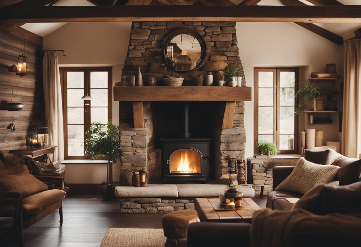 A cozy rustic cottage interior with exposed wooden beams, a stone fireplace, vintage furniture, and warm earthy tones