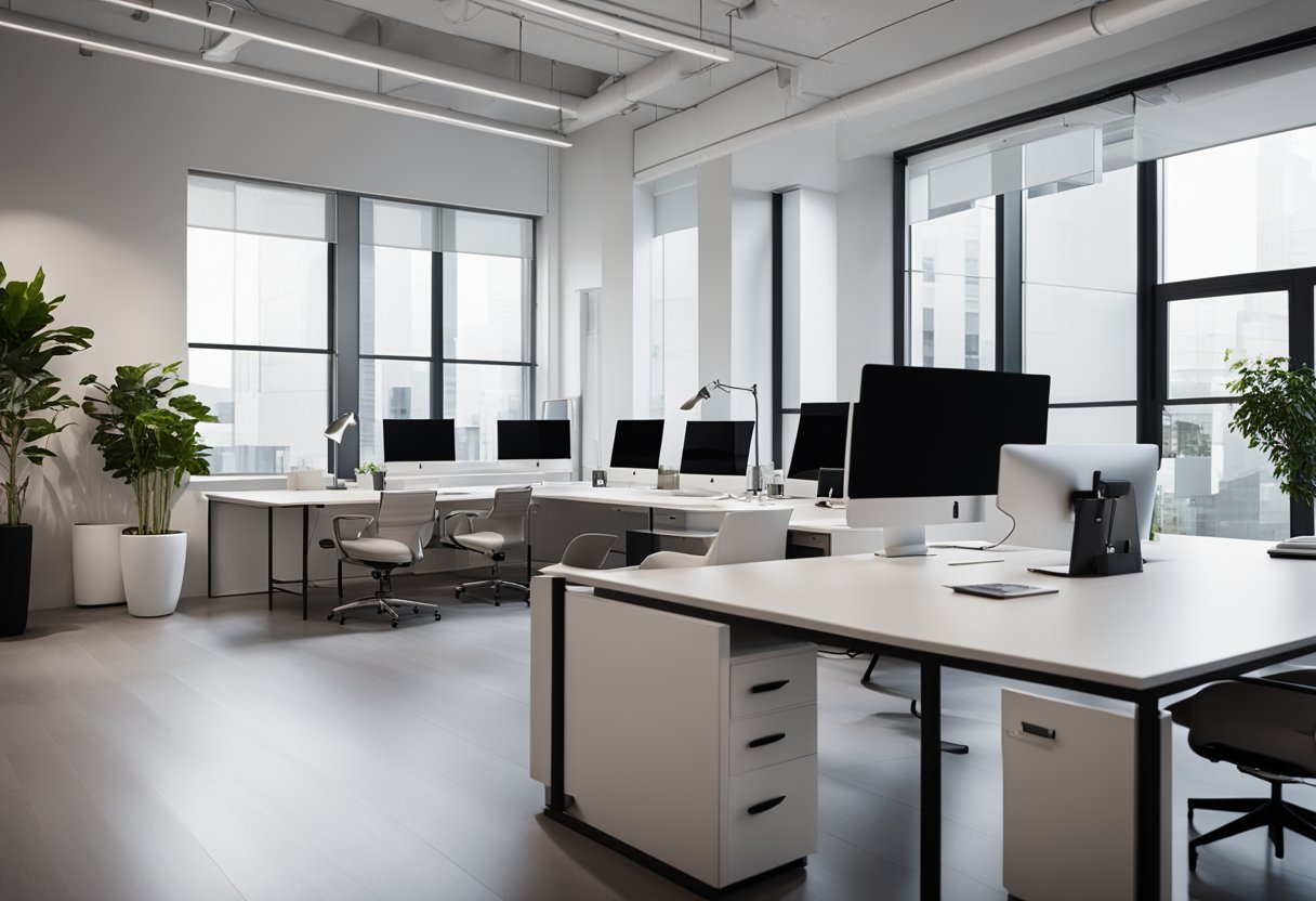 A sleek, modern office space with clean lines and minimalistic furniture. A large desk sits in the center with a computer and neatly organized design samples. A&d interior design branding is subtly displayed throughout the room