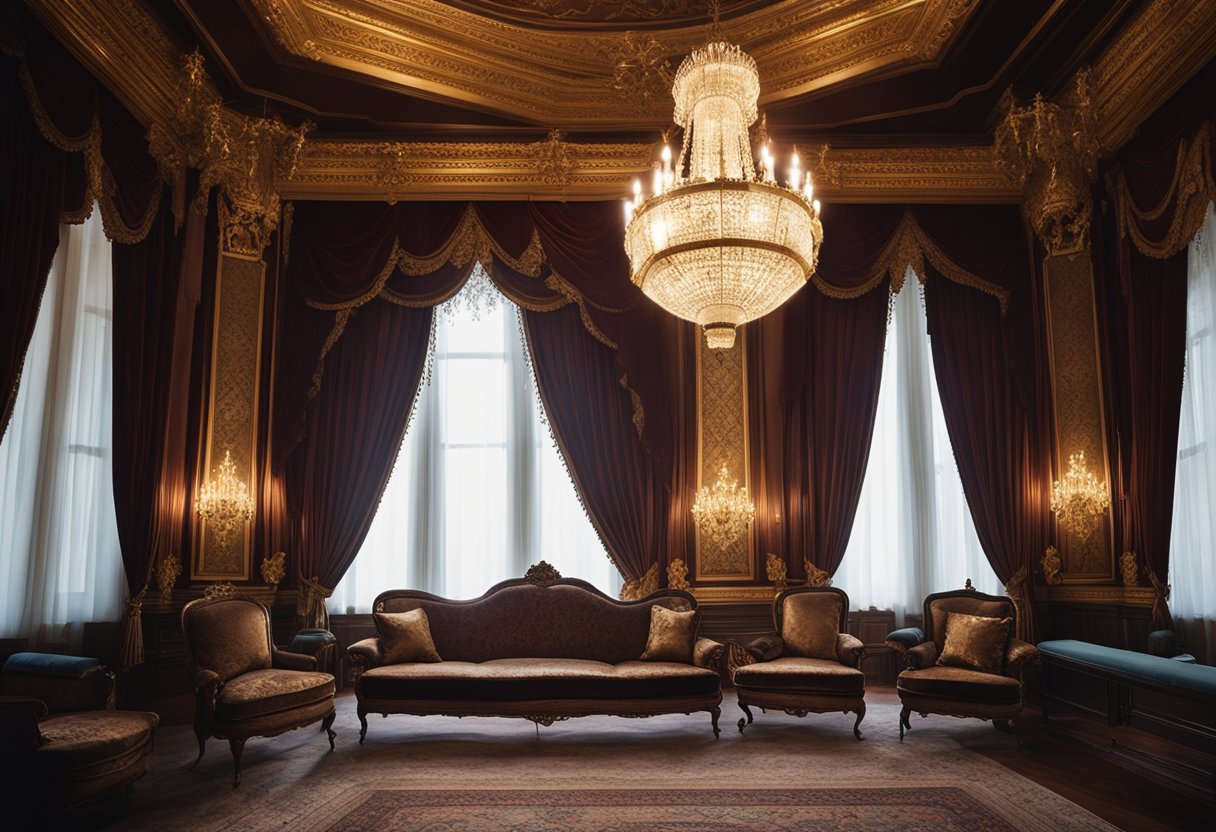 A grand Victorian interior with ornate furniture, rich tapestries, and intricate woodwork. The room is adorned with velvet drapes, gilded accents, and a majestic chandelier