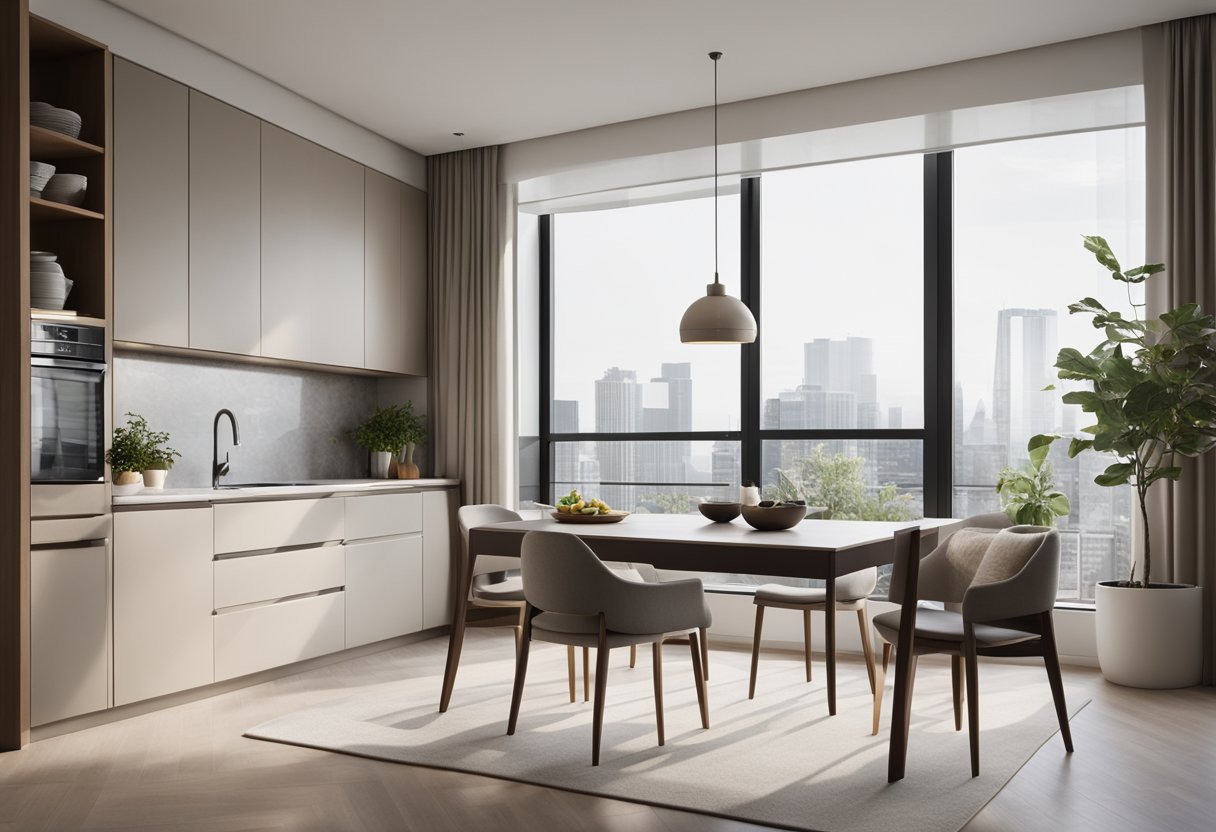 A modern 28 sqm condo interior with a sleek kitchen, minimalist furniture, and a neutral color palette. Large windows let in natural light, creating an airy and open space