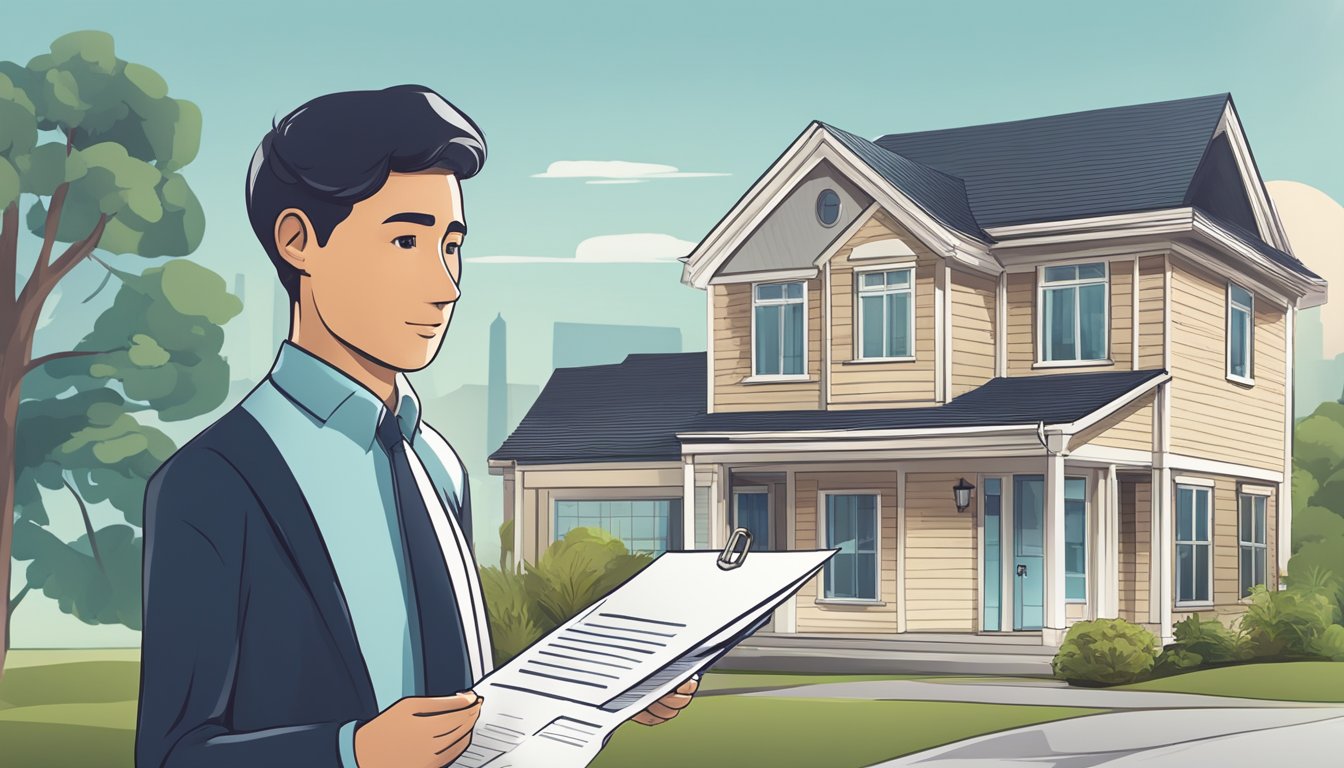 A house and a person standing next to it, with a mortgage loan document in one hand and a personal loan document in the other