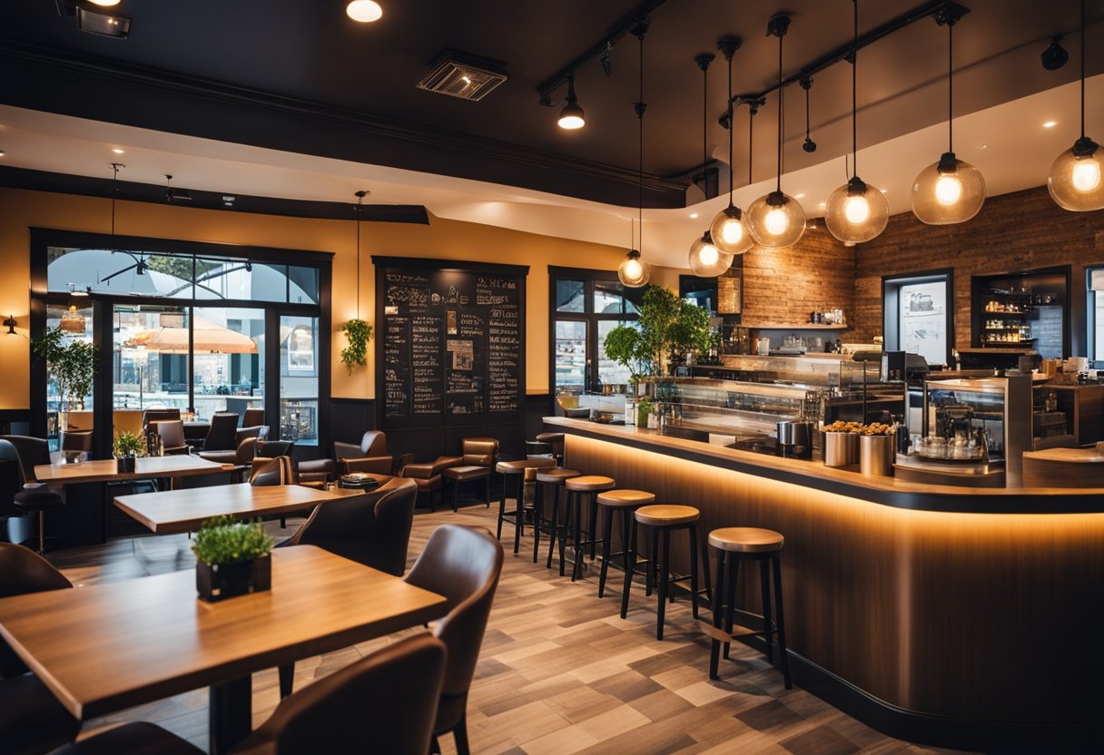 The cafe interior features cozy seating, warm lighting, and vibrant artwork on the walls, creating a welcoming and inviting atmosphere for customers