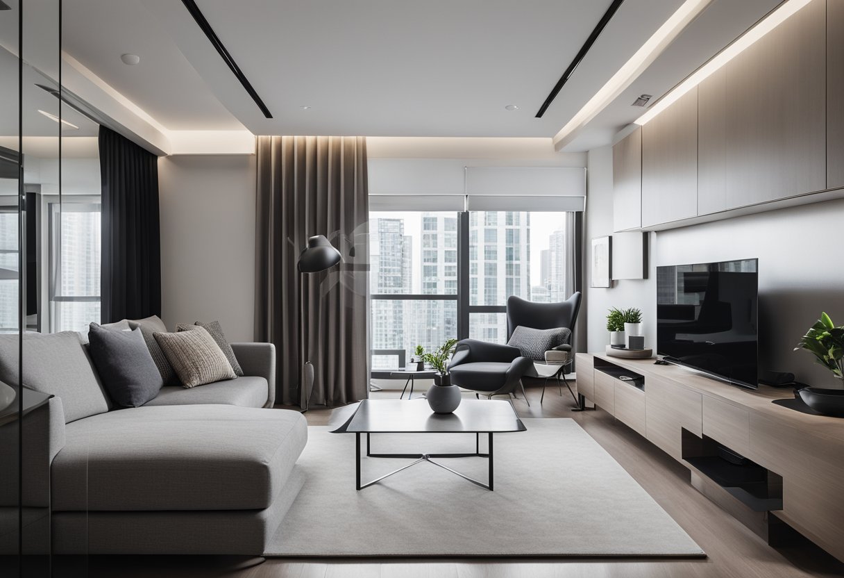A minimalist, monochromatic 28 sqm condo interior with sleek, modern furniture and geometric patterns