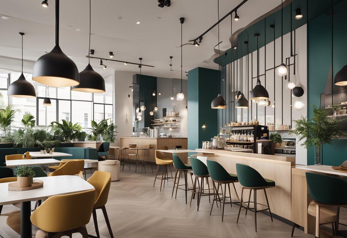 A modern cafe with sleek furniture, hanging pendant lights, and geometric wall art. The color scheme is neutral with pops of vibrant accent colors