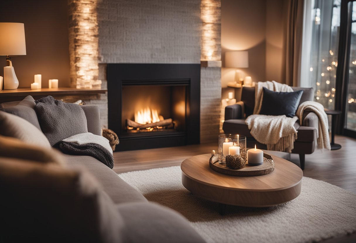 A cozy living room with warm lighting, comfortable furniture, and soft textures. A fireplace crackles in the background, creating a peaceful ambiance