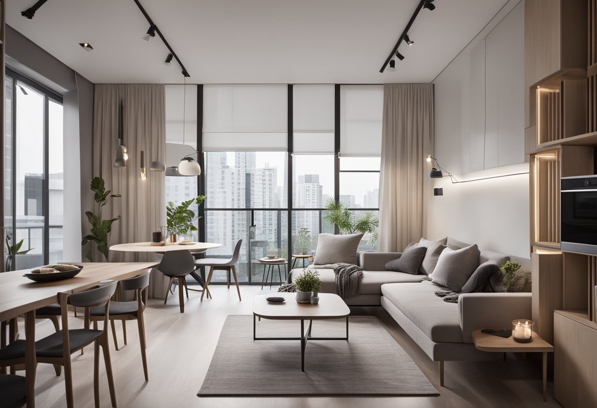 A modern, minimalist 28 sqm condo interior with sleek furniture, smart storage solutions, and a neutral color palette. Open floor plan with a cozy living area, functional kitchen, and a compact dining space
