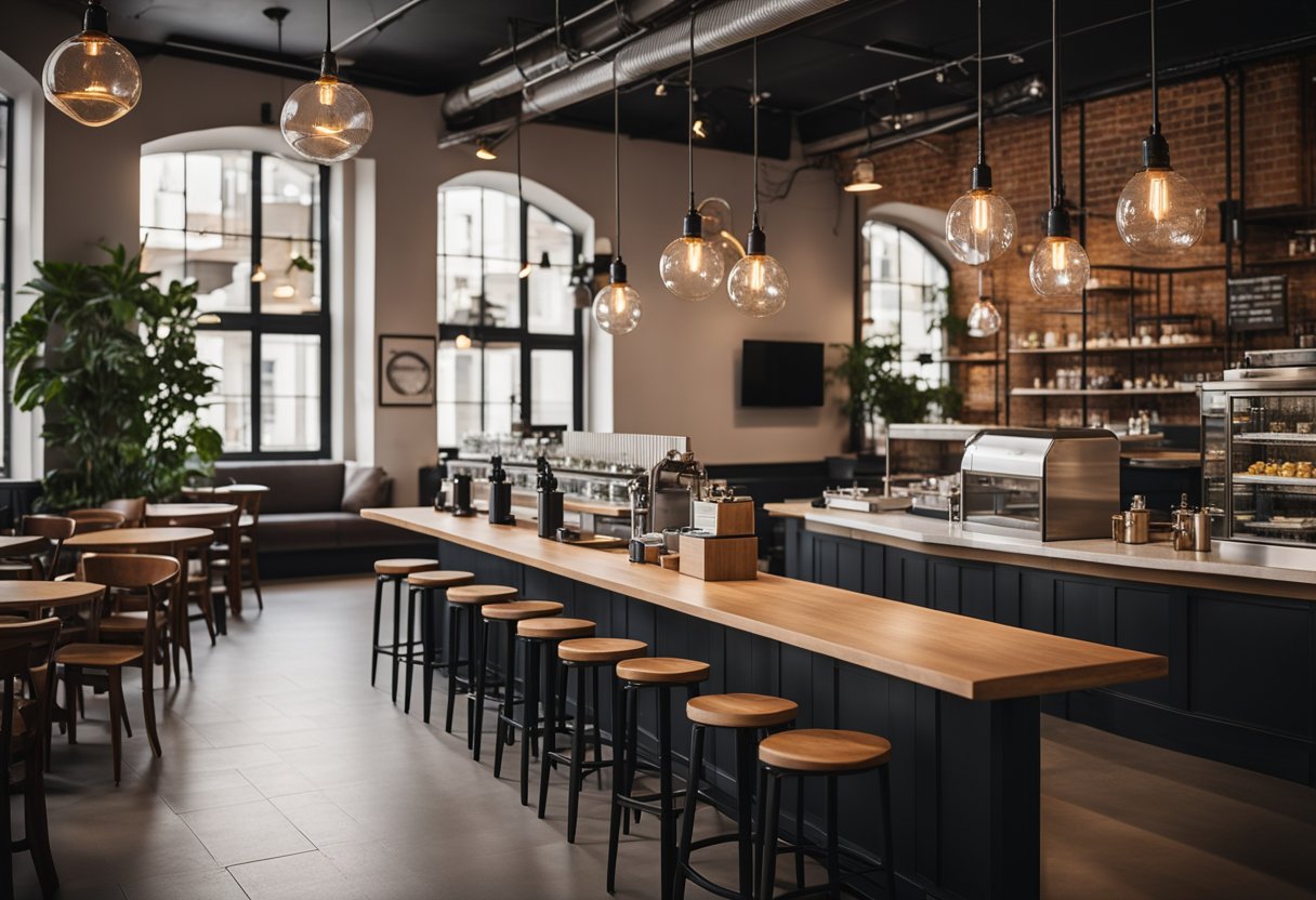 A sleek, minimalist cafe interior with industrial lighting, exposed brick walls, and wooden furniture. A large, central coffee bar with a marble countertop and hanging pendant lights
