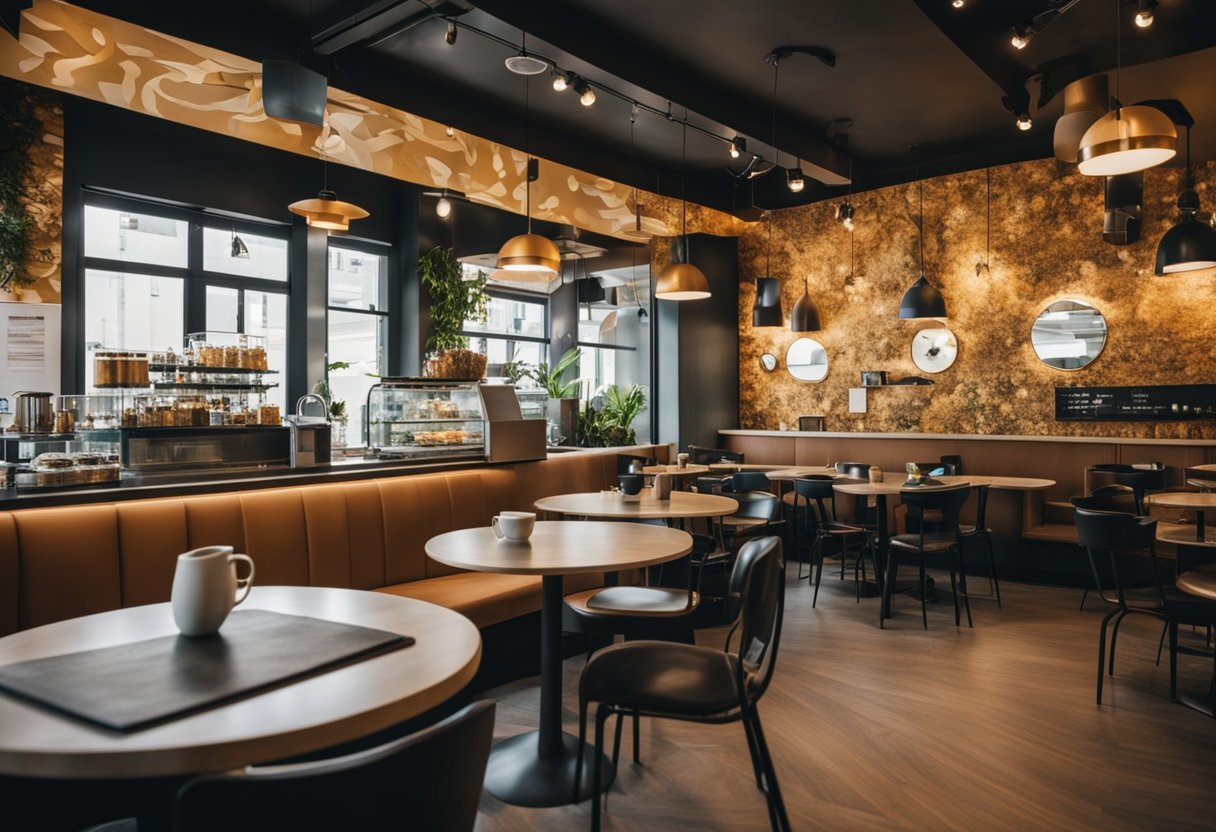 The modern cafe interior is filled with cultural and artistic influences, from vibrant murals to abstract sculptures, creating a visually stimulating and inviting space