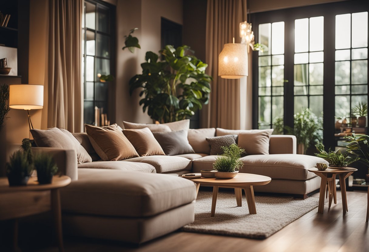 A cozy living room with soft, earthy tones, plush furniture, and warm lighting. Natural elements like wood and plants create a calming atmosphere