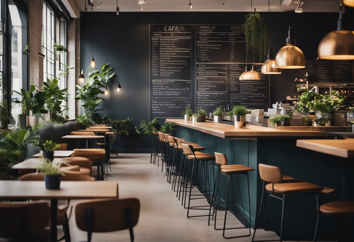 A modern cafe with sleek furniture, warm lighting, and a minimalist color palette. A large chalkboard menu and potted plants add a touch of coziness to the space