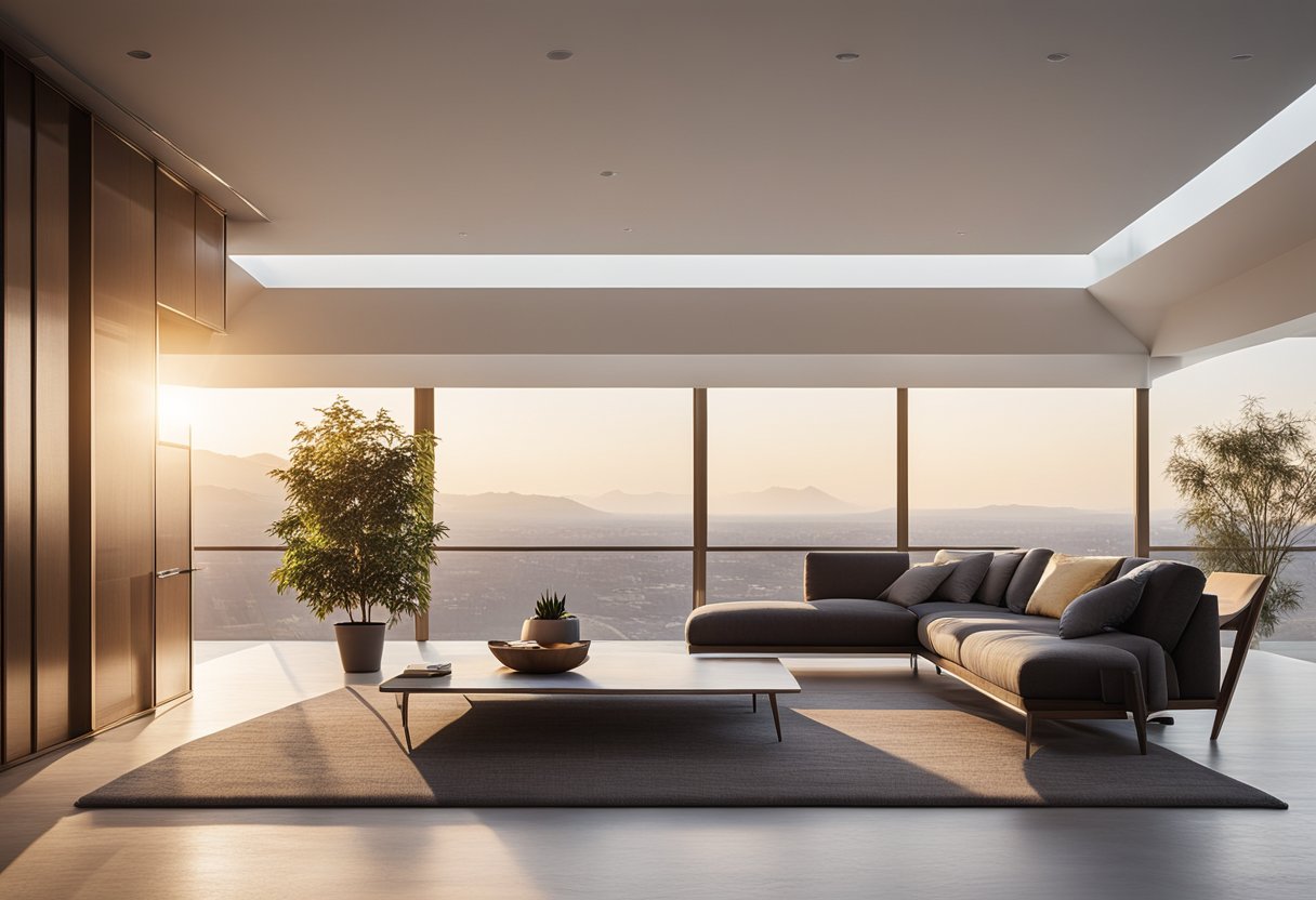 The sun bathes the minimalist space in warm light, illuminating the sleek lines and natural textures of the Zenith interior design