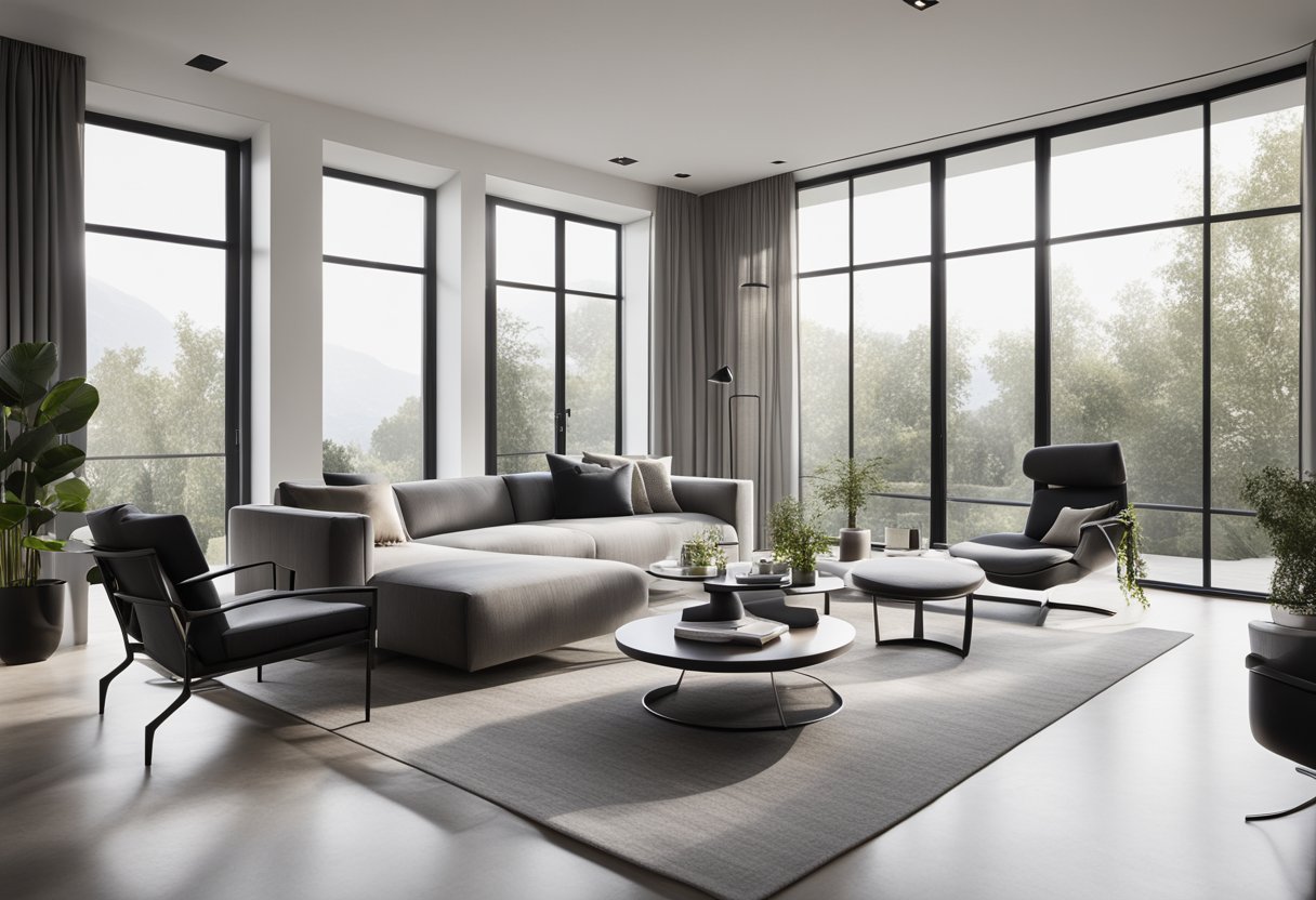 A sleek, modern living room with minimalist furniture and a monochromatic color scheme. Large windows let in natural light, highlighting the clean lines and geometric shapes of the space
