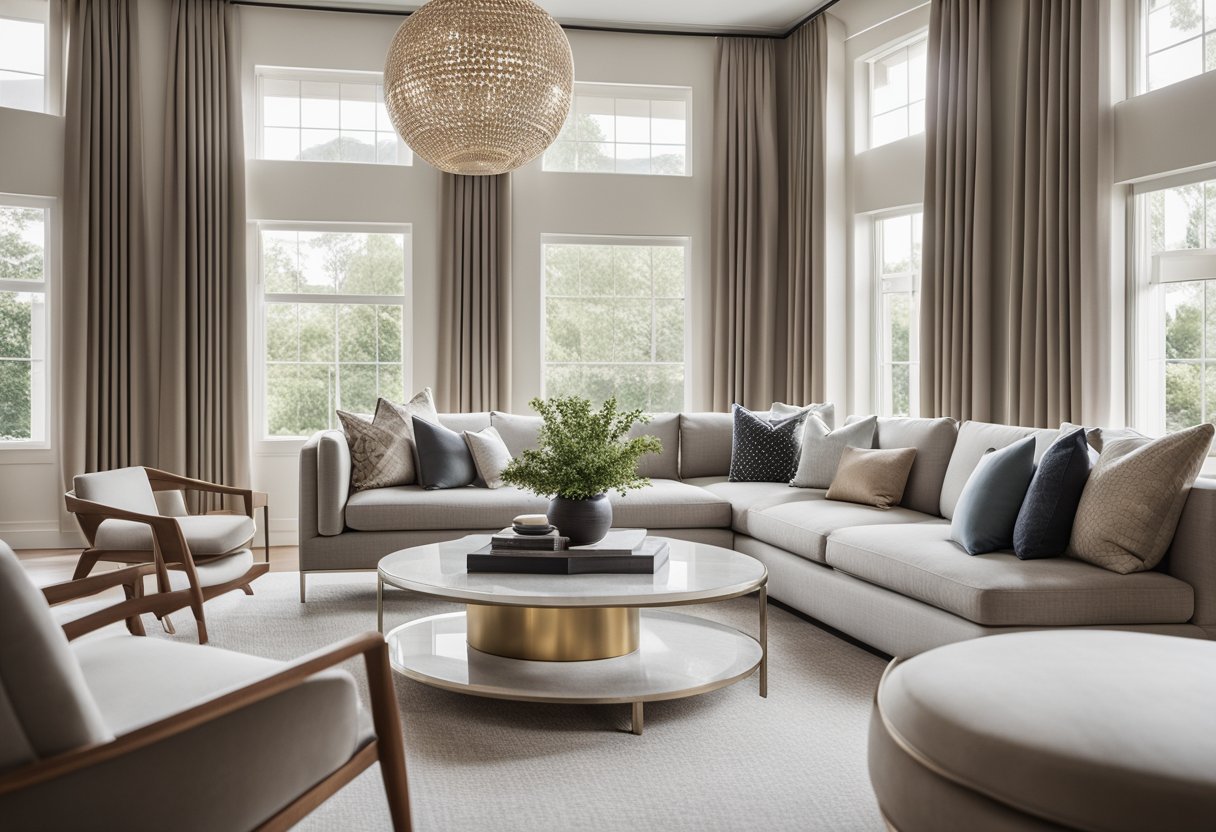A modern living room with sleek furniture, clean lines, and a neutral color palette. A large window allows natural light to fill the space, while geometric patterns and metallic accents add a touch of sophistication