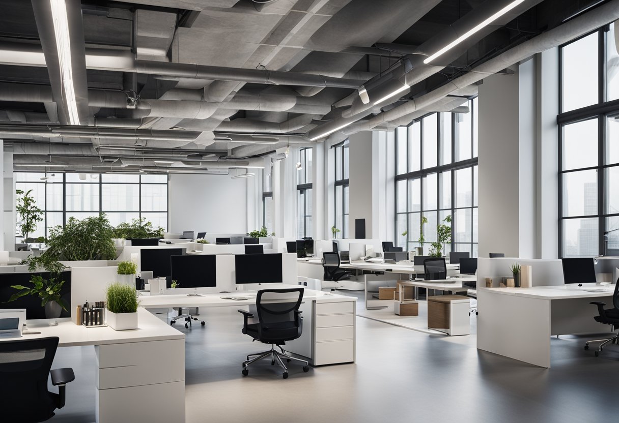 A modern office space with sleek, minimalist furniture, clean lines, and a neutral color palette. The space is filled with natural light and features high-tech equipment and innovative design elements