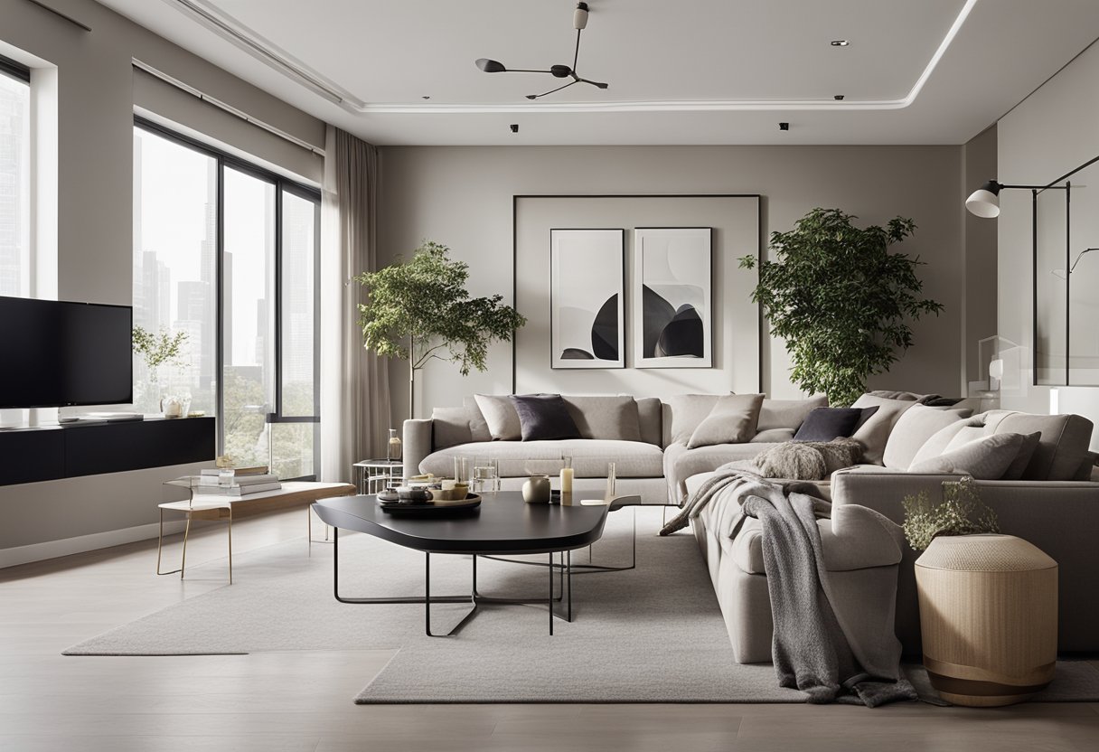 A modern living room with sleek furniture, neutral color palette, and abundant natural light. Clean lines and minimalistic decor create a sense of spaciousness and tranquility