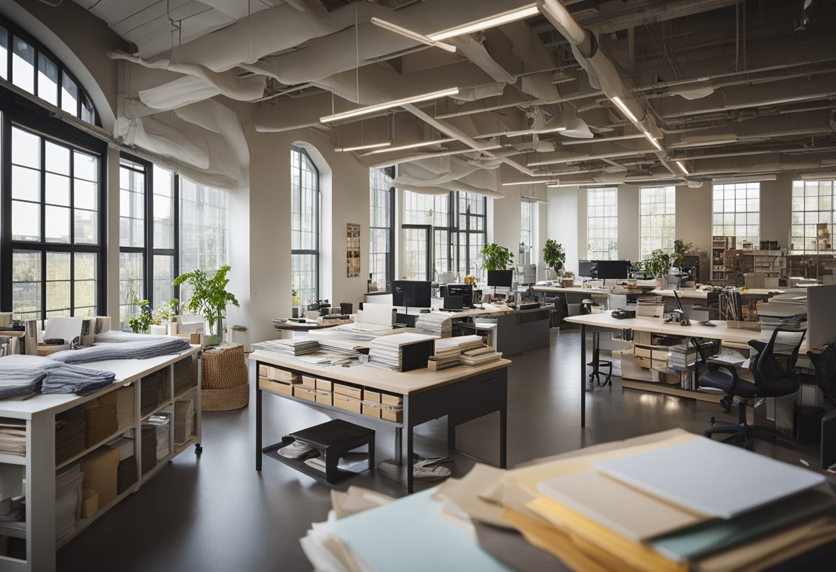 The Humber College interior design studio is filled with drafting tables, mood boards, and shelves of fabric samples. Natural light streams in through large windows, illuminating the creative chaos of the space