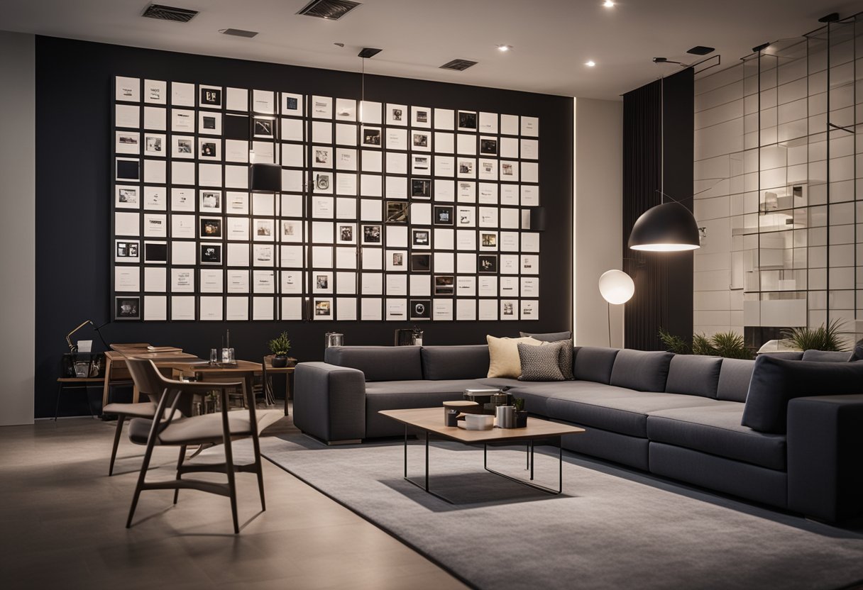 A sleek, modern interior with a grid of questions and answers displayed on a wall, surrounded by minimalist furniture and decor