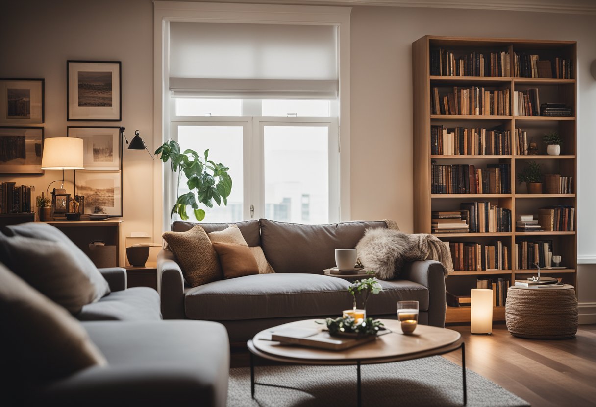 A cozy living room with warm lighting, comfortable seating, and a bookshelf filled with books. A cup of tea sits on a side table, creating a peaceful atmosphere