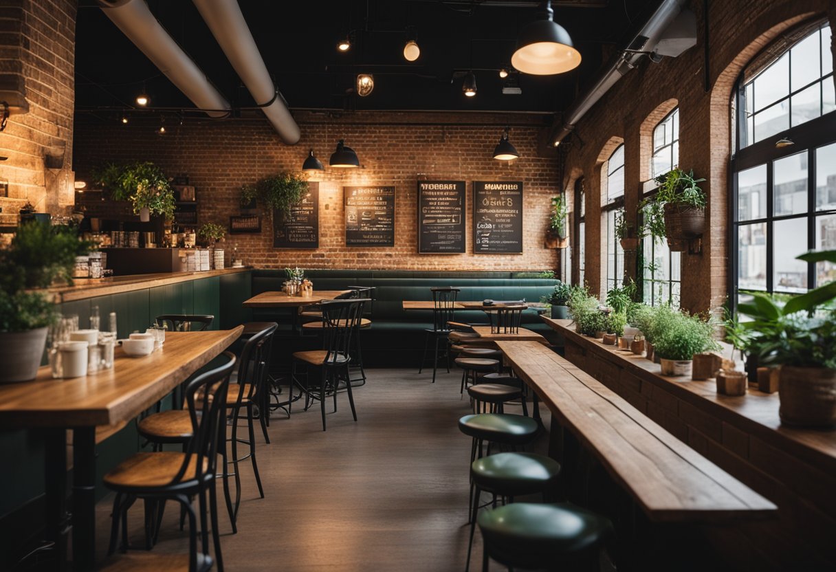 A cozy coffee shop with warm lighting, exposed brick walls, and rustic wooden furniture. The space is adorned with vintage coffee posters and lush green plants, creating a welcoming and inviting atmosphere