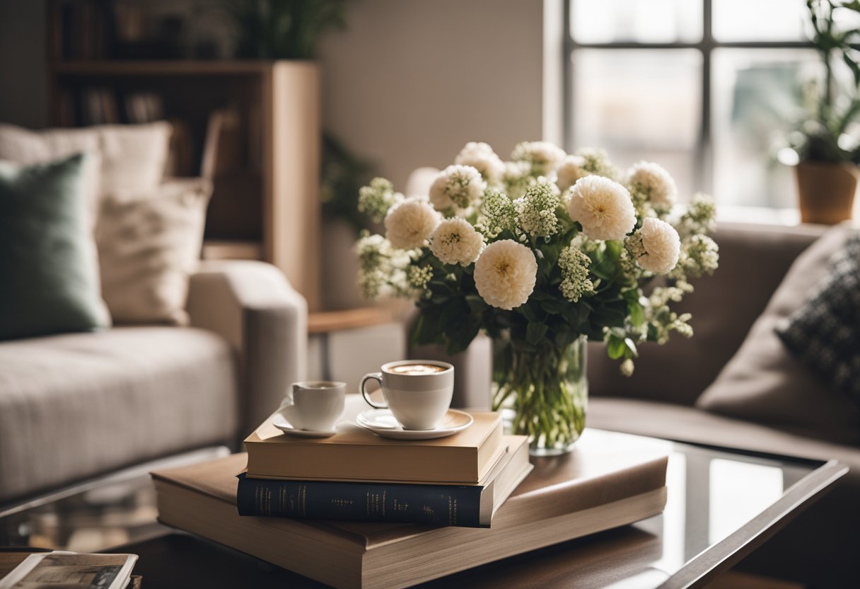 A cozy living room with a plush sofa, warm lighting, and a coffee table adorned with a stack of books and a vase of fresh flowers