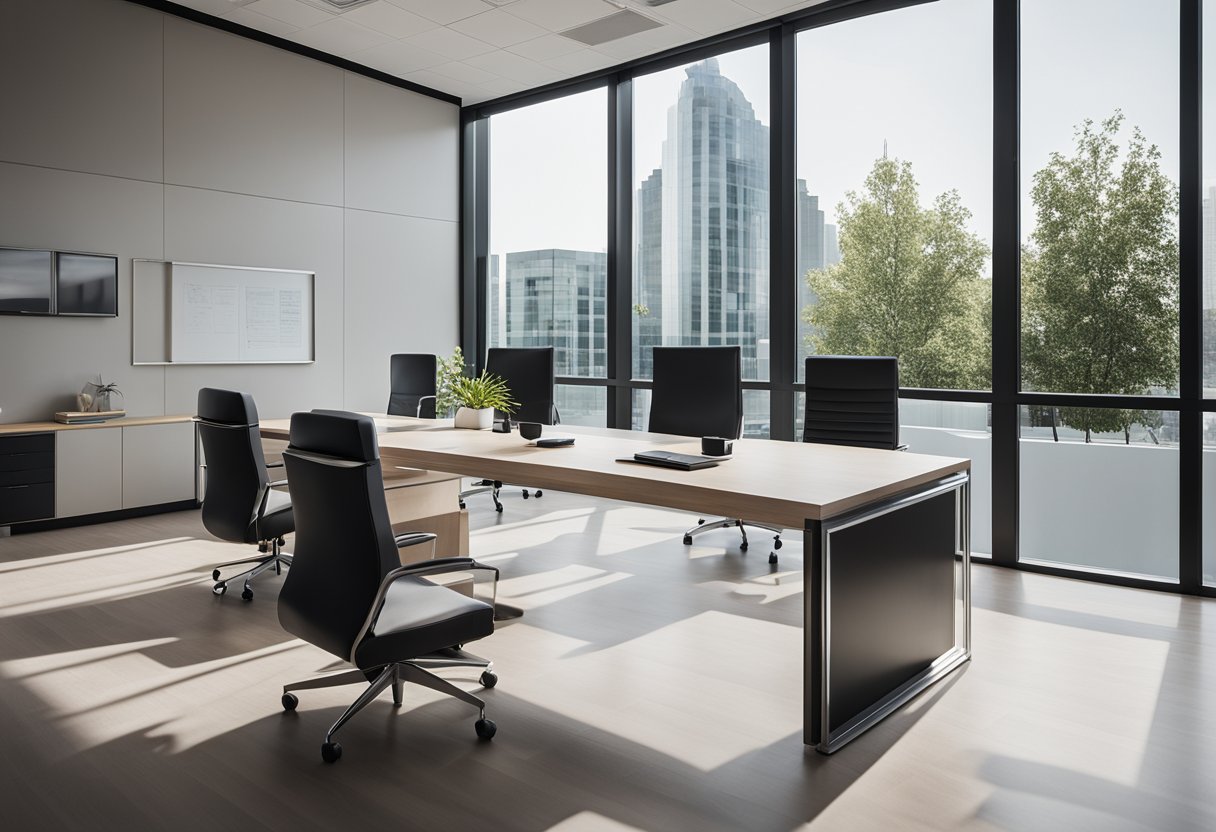 A modern, minimalist office space with sleek furniture and a neutral color palette. A large window allows natural light to fill the room, highlighting the clean lines and contemporary design elements