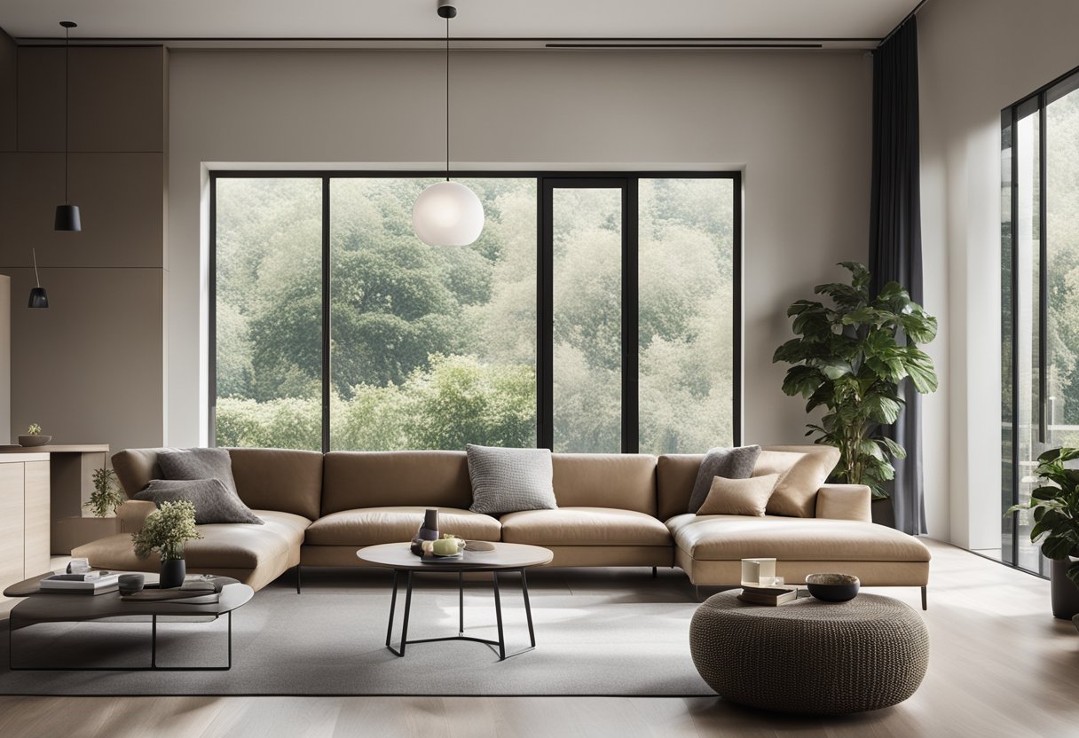 A modern living room with a minimalist design, featuring a sleek sofa, coffee table, and a large window with natural light streaming in