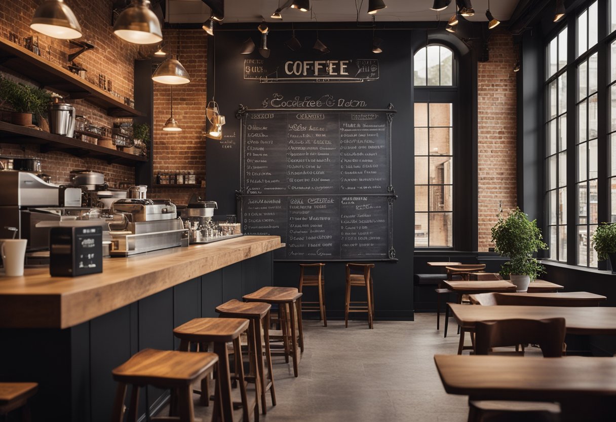 A cozy coffee shop with warm lighting, exposed brick walls, and wooden furniture. A large chalkboard menu and shelves of coffee beans decorate the space