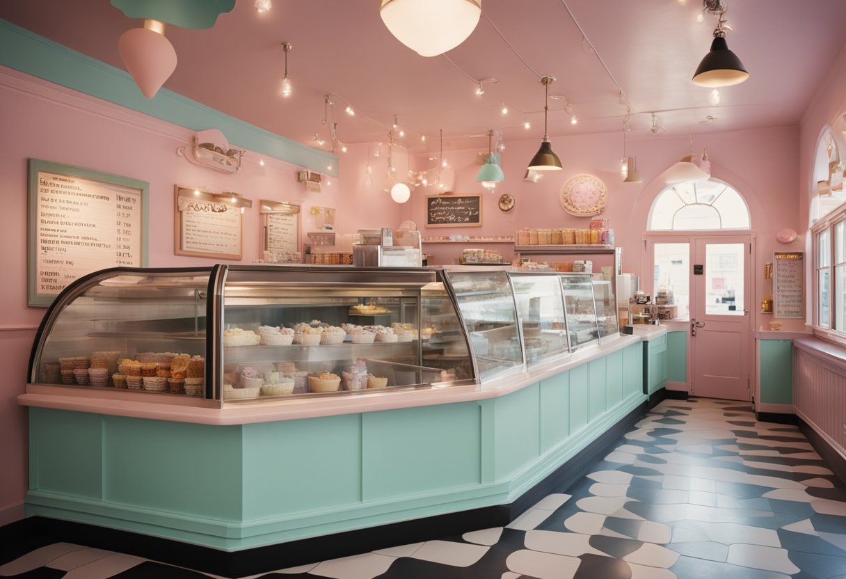 The ice cream parlour interior features pastel-colored walls, retro-style furniture, and a display case filled with various flavors of ice cream. A chalkboard menu hangs above the counter, and whimsical decor adorns the walls