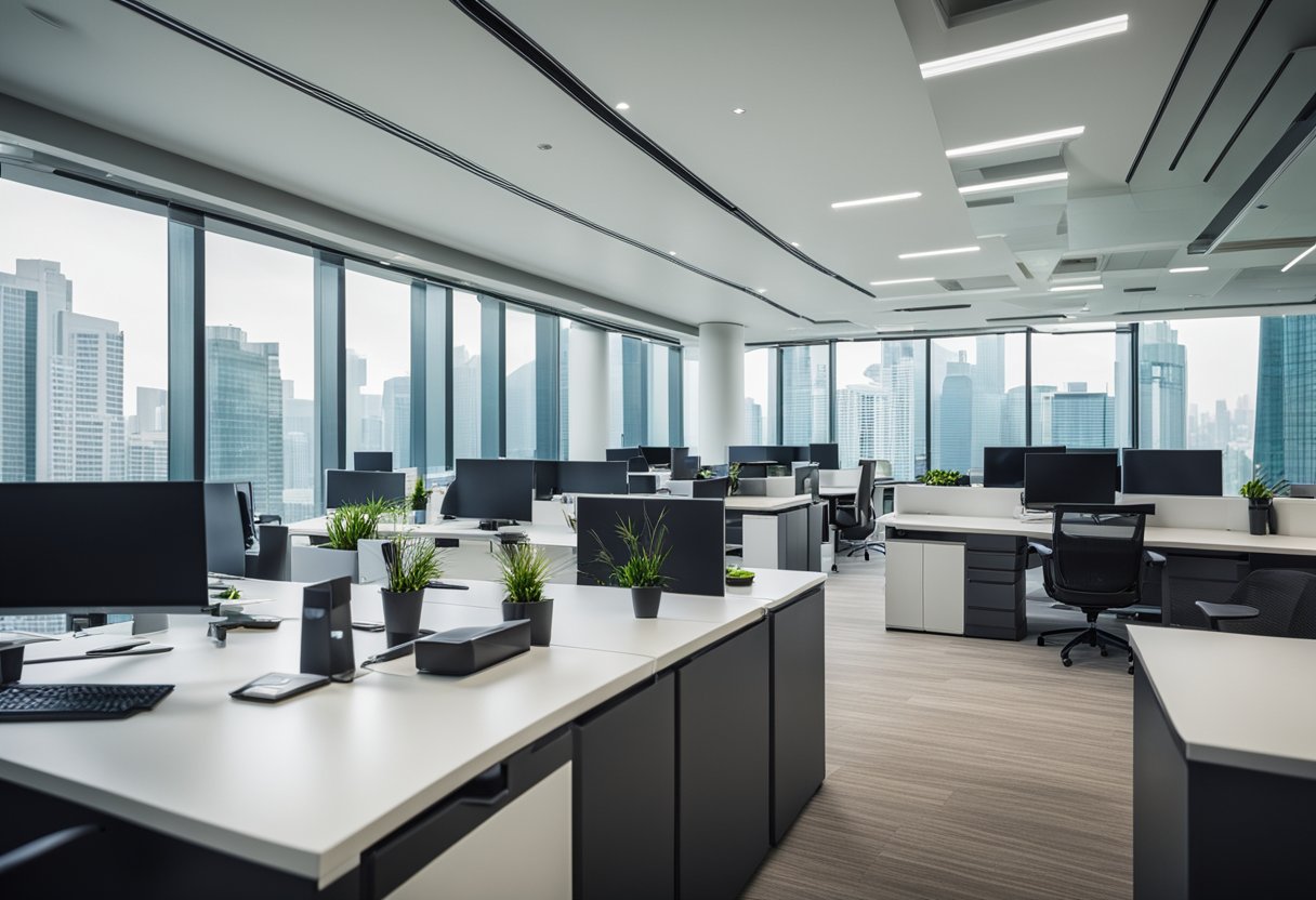 The office in Singapore features sleek, modern furniture, vibrant accent colors, and abundant natural light