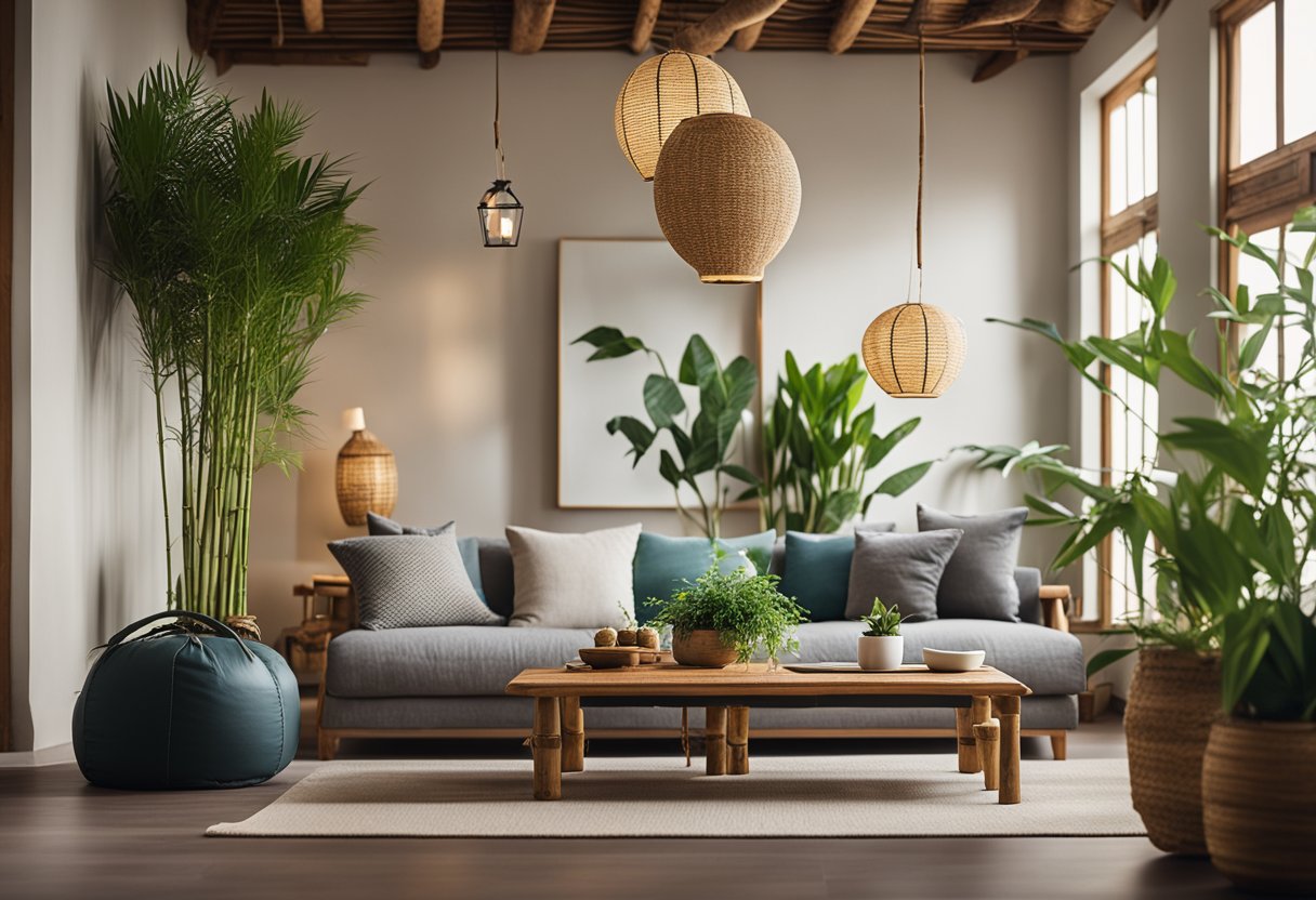 A cozy bamboo-themed living room with a low coffee table, floor cushions, and hanging lanterns. A large bamboo plant adds a natural touch to the space