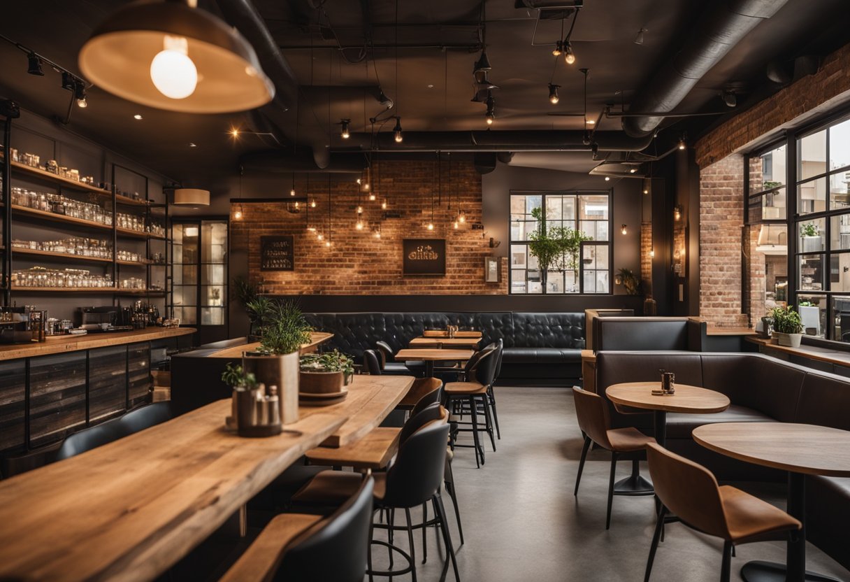 A cozy coffee shop interior with warm lighting, comfortable seating, and a rustic aesthetic. A large, eye-catching mural adorns one wall, while shelves display unique coffee accessories and art pieces