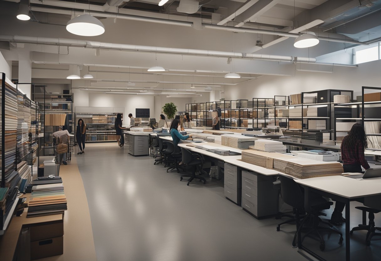 A bustling college interior design studio with students discussing projects and browsing materials. Shelves filled with fabric swatches and design magazines line the walls. A large drafting table sits in the center of the room