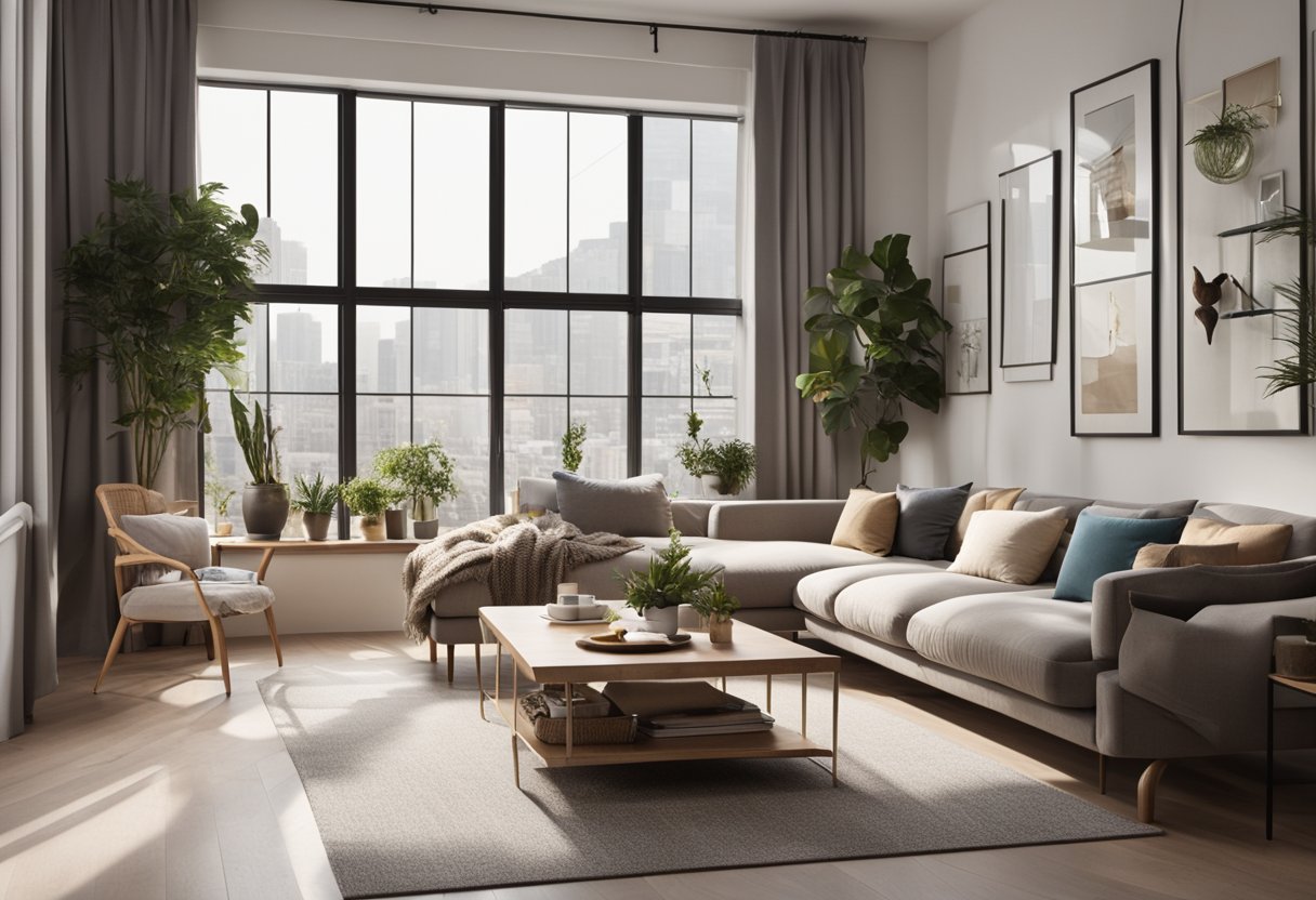 A cozy living room with a modern sofa, a small dining area, and a well-organized workspace. The room is filled with natural light and adorned with tasteful decor