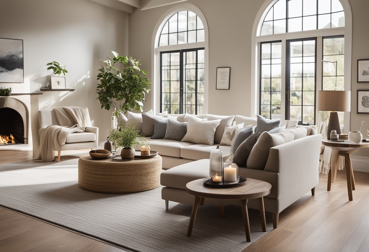 A cozy living room with a neutral color palette, comfortable seating, and a functional layout. Natural light streams in through large windows, illuminating the space