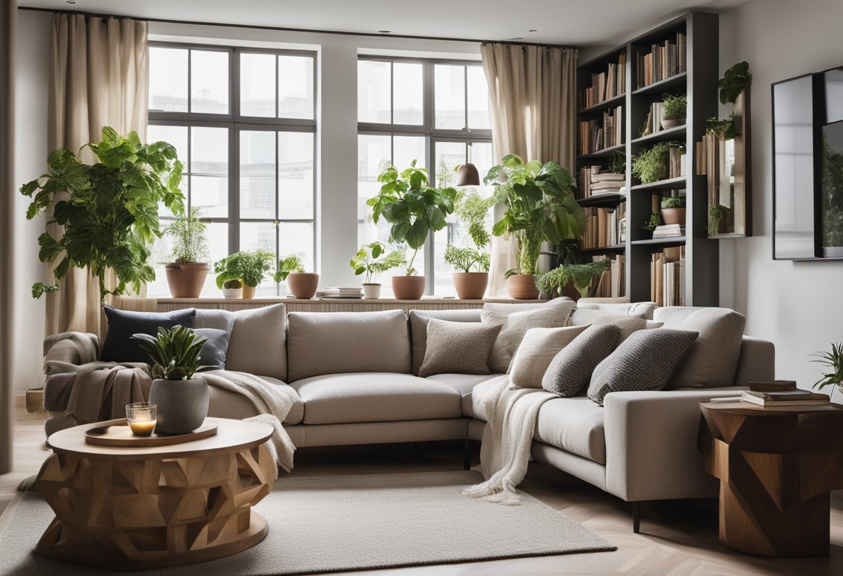A cozy living room with a modern sofa, coffee table, and potted plants. A bookshelf filled with design books and a large window with flowing curtains