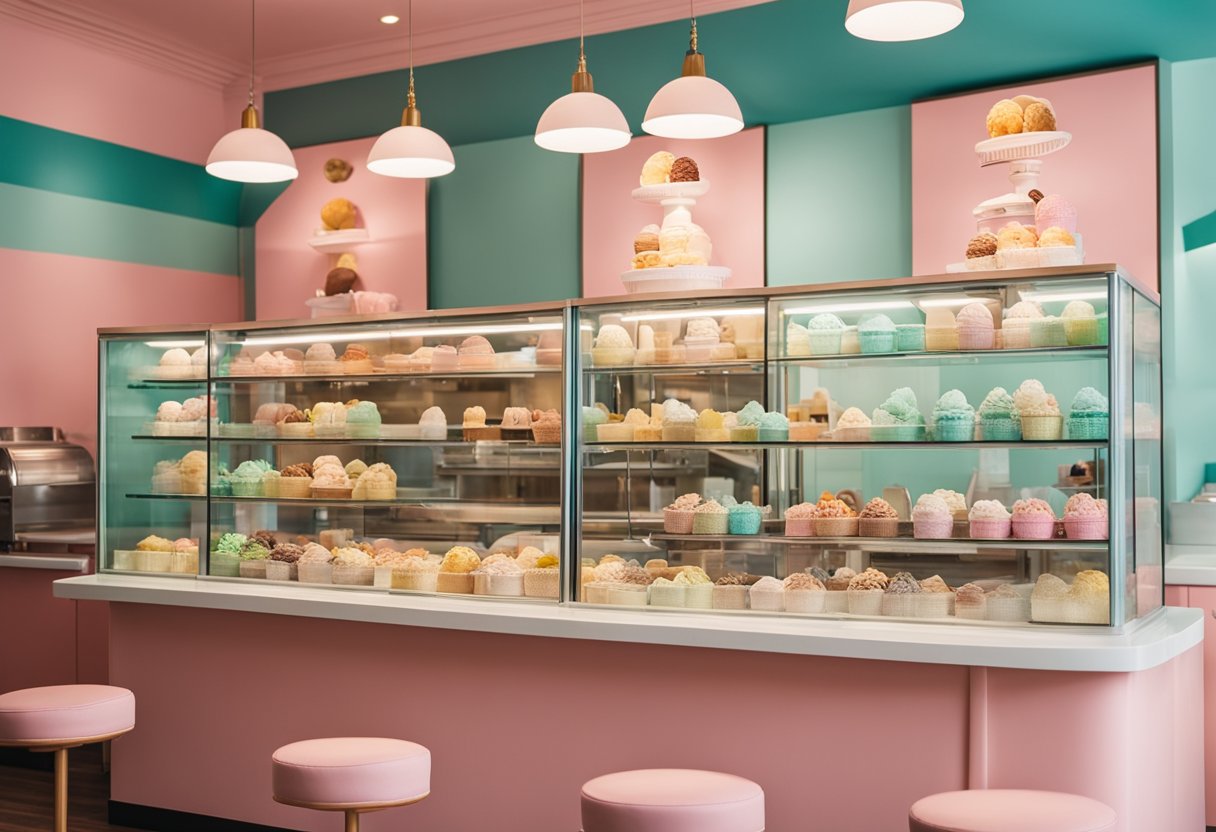 A colorful ice cream parlor with pastel walls, retro furniture, and a playful mural. Glass display cases showcase a variety of delicious ice cream flavors